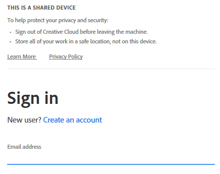 Adobe Shared Device License message