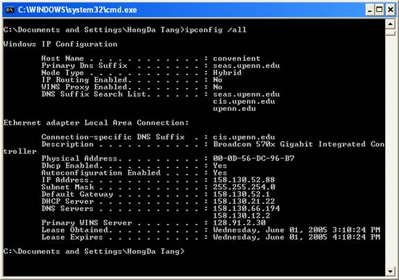 Output of ifconfig /all on Windows