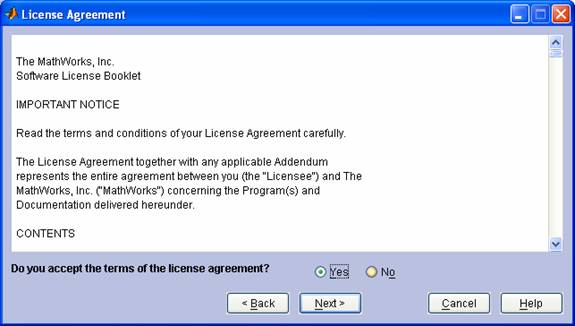 MATLAB license agreement dialog box