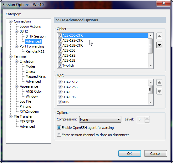 SecureCRT Advanced SSH2 settings dialog